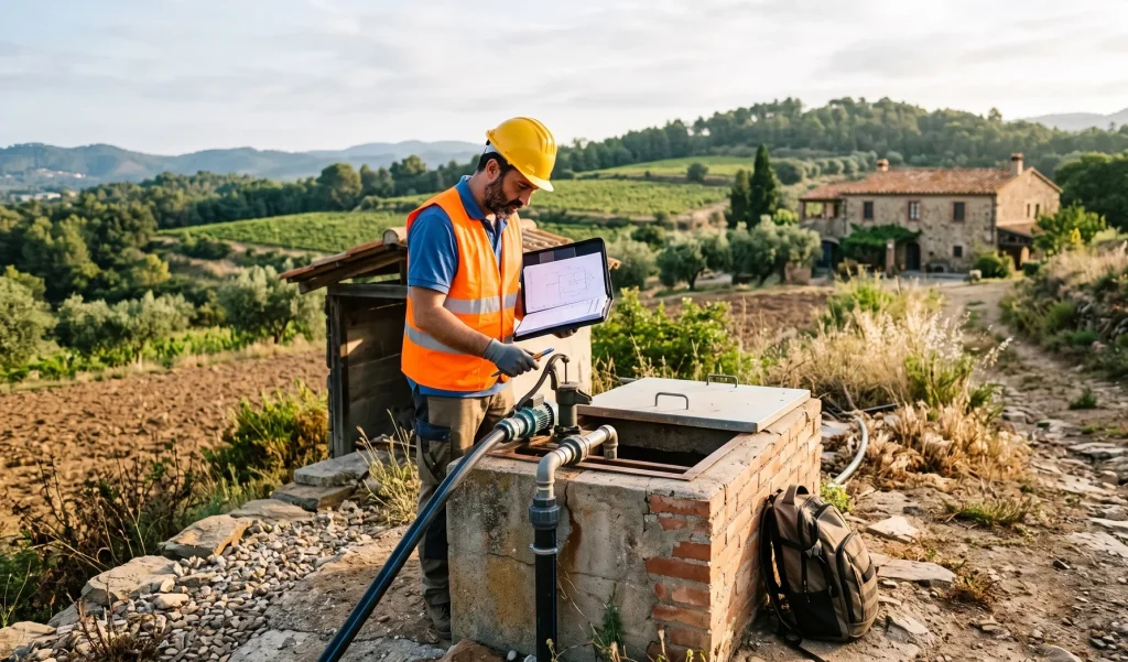 Técnico con casco y chaleco revisando la documentación para legalizar un pozo de agua en una finca rural del Maresme