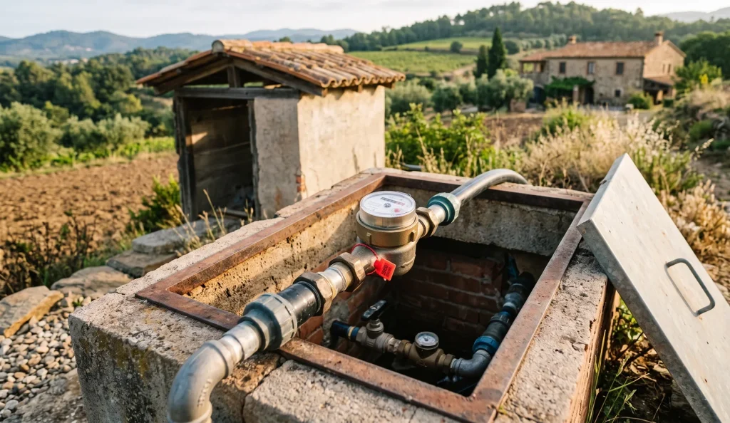 Contador volumétrico homologado con precinto instalado en la arqueta de un pozo de agua legalizado en una finca del Maresme