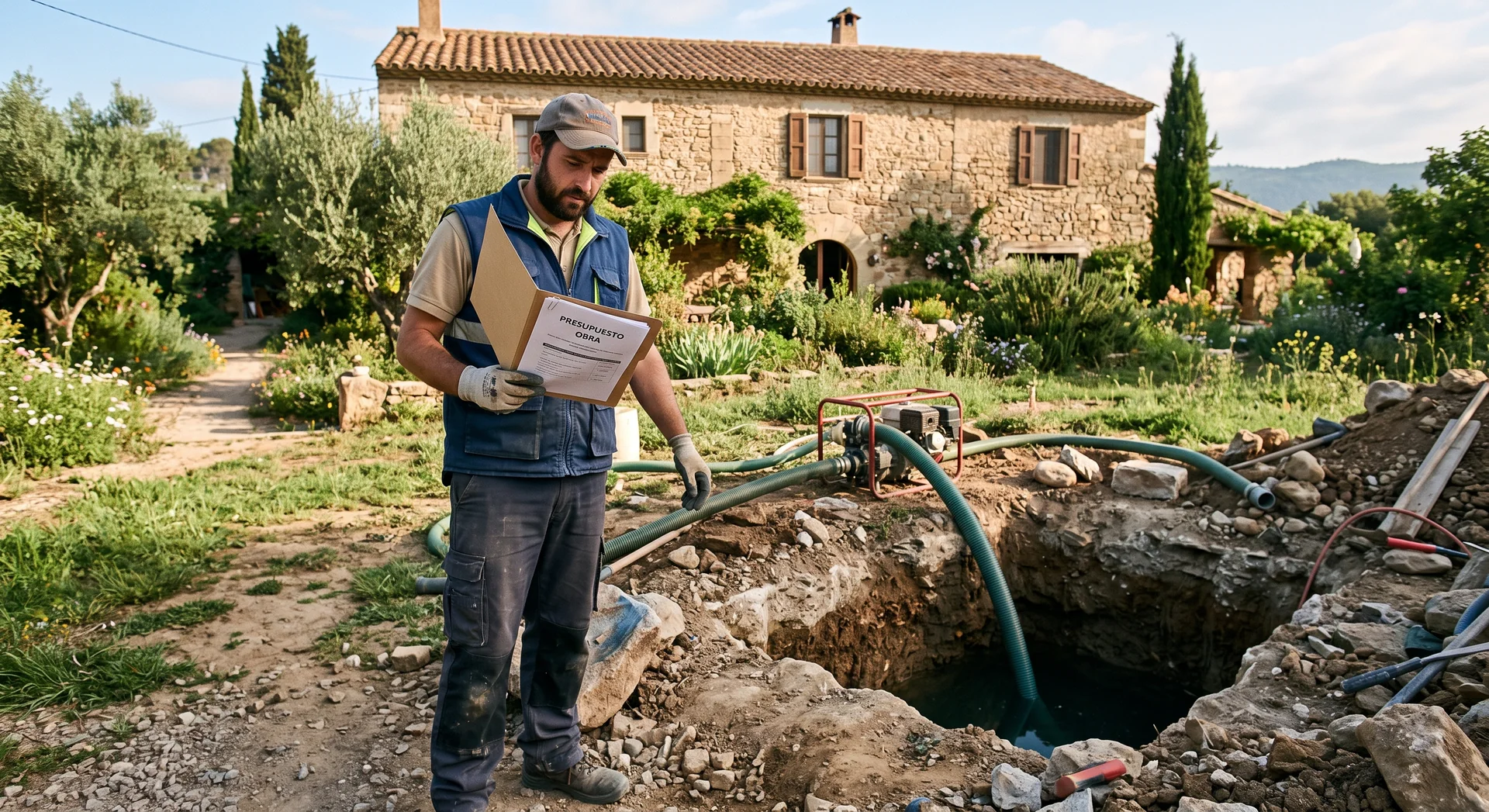 Técnico revisando el presupuesto de limpieza de un pozo de obra en el jardín de una masía catalana con bomba extractora