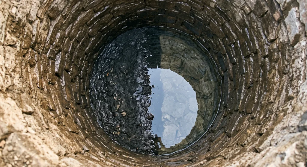 Vista cenital del interior de un pozo de obra con la mitad del fondo con lodos y la otra mitad con agua limpia tras la limpieza