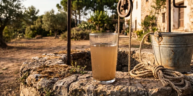 Vaso con agua de pozo turbia de color marrón sobre el brocal de piedra de un pozo tradicional