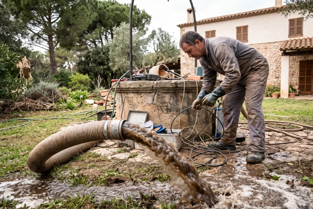 Técnico vaciando un pozo con bomba de achique mientras la manguera expulsa agua turbia marrón